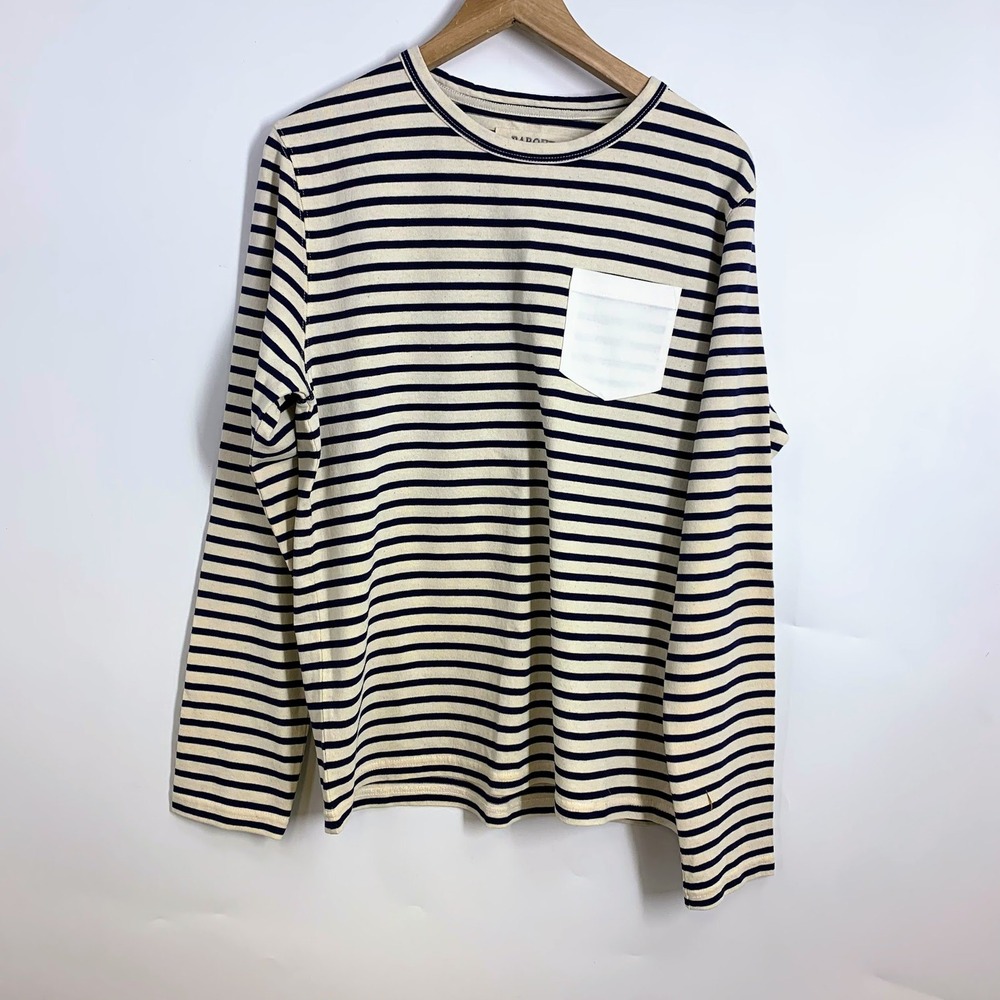 Barque Women's Striped Long Sleeve Pocket‎ T Shirt Cream Navy Womens Casual Top
